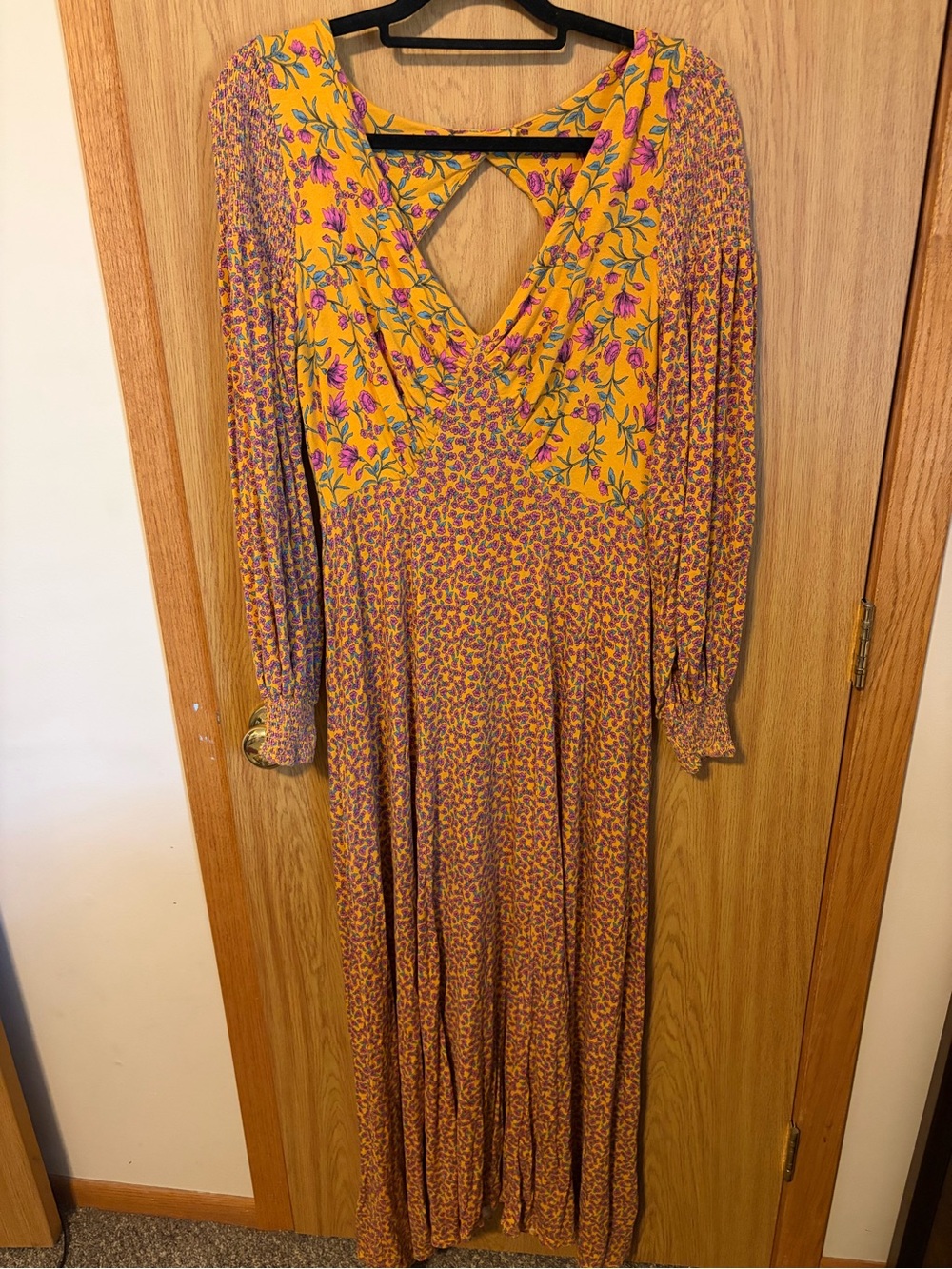 Free People Floral V-Neck Long Sleeve Maxi Dress in Mustard Yellow